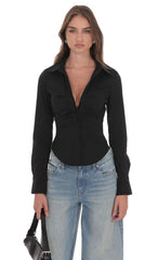 Ruched Button Up Shirt in Black