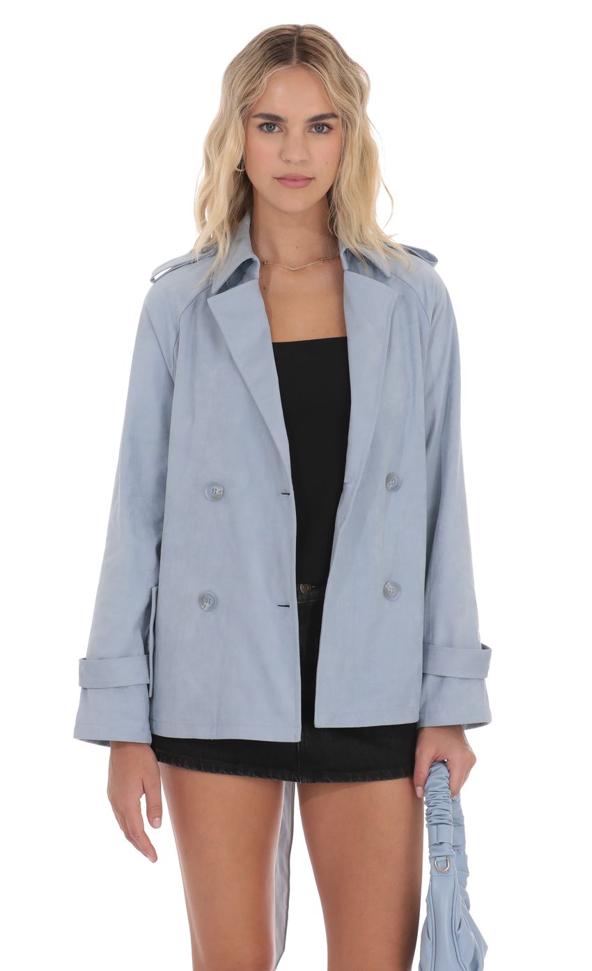 Suede Double Breasted Trench Coat in Sky Blue