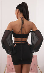 Off the Shoulder Two Piece Long Sleeve Set in Black