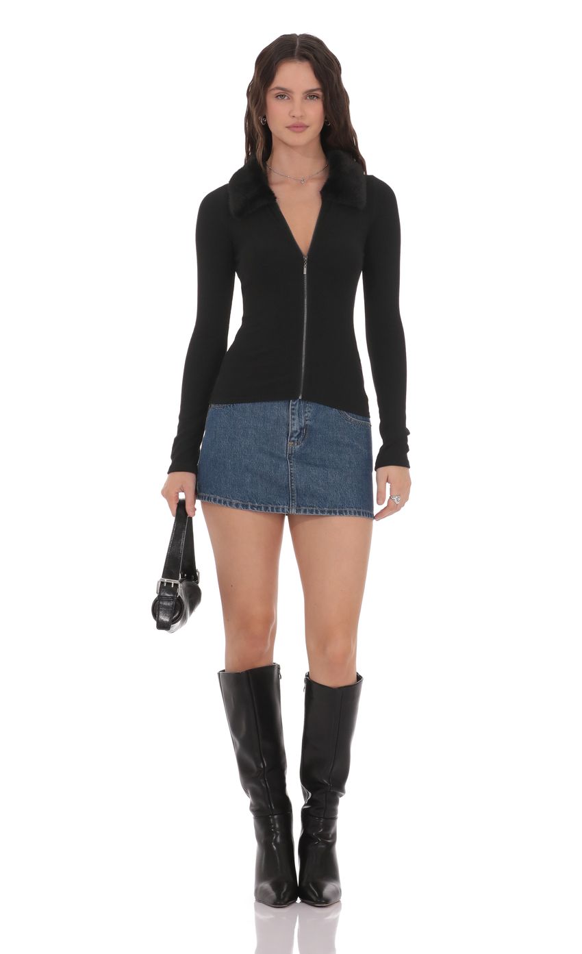 Fur Collar Zip Up Cardigan in Black