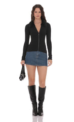 Fur Collar Zip Up Cardigan in Black
