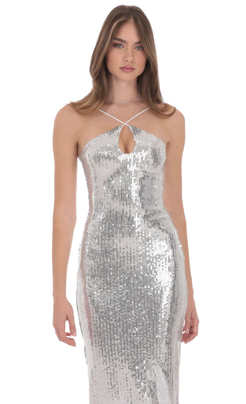 Sequin Keyhole Maxi Dress in Silver
