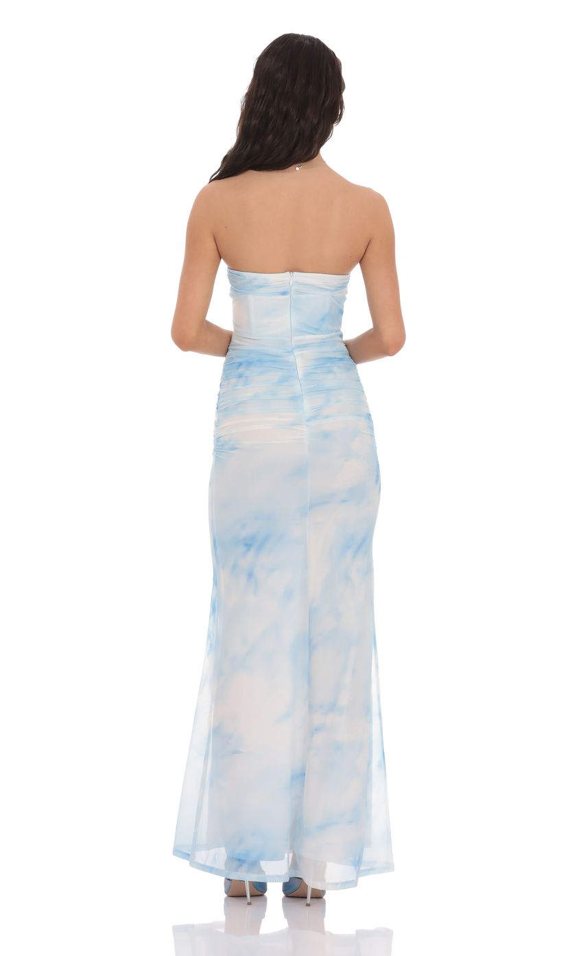 Mesh Strapless Corset Maxi Dress in Blue Tie Dye