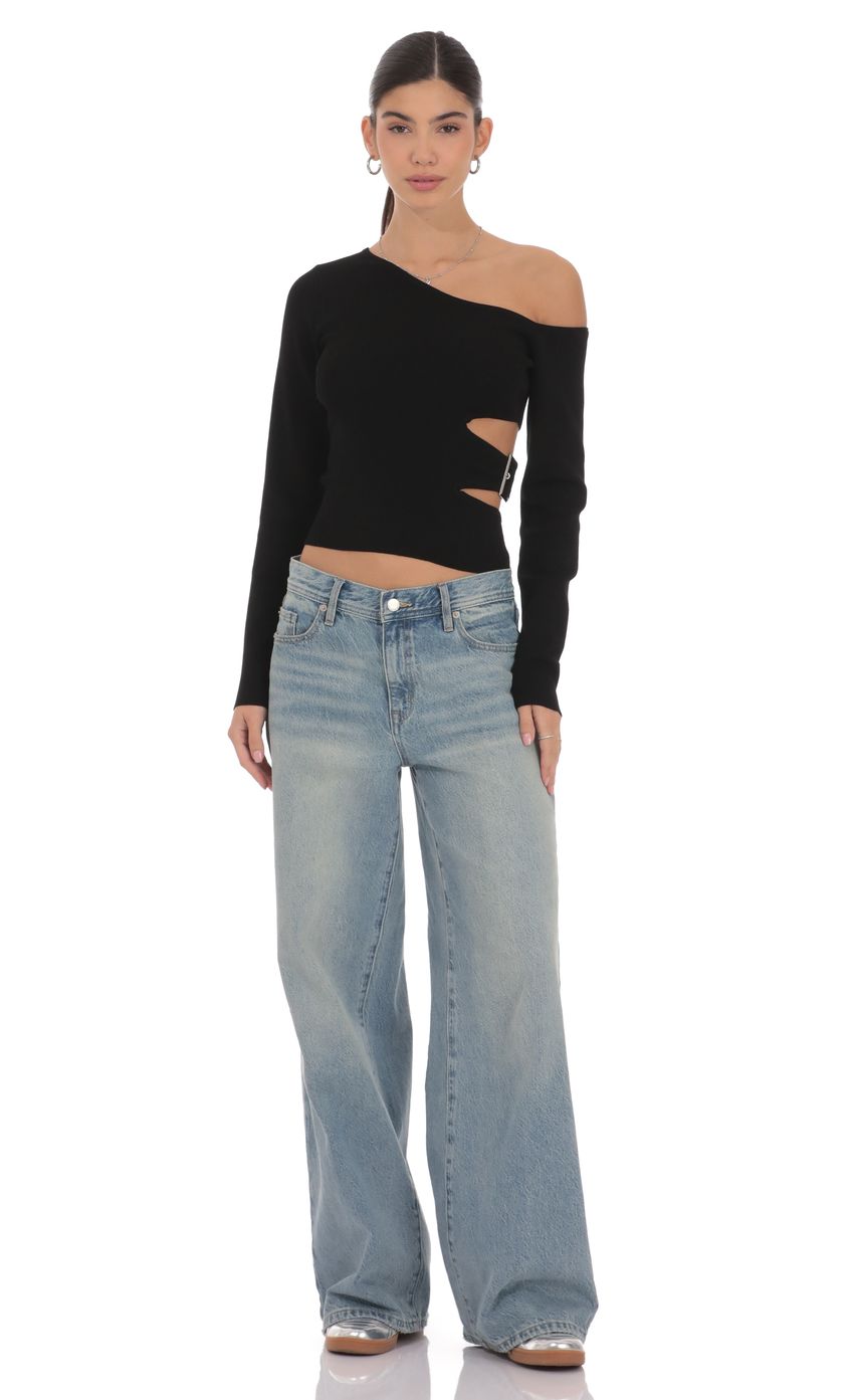 Cutout Buckle Off Shoulder Top in Black