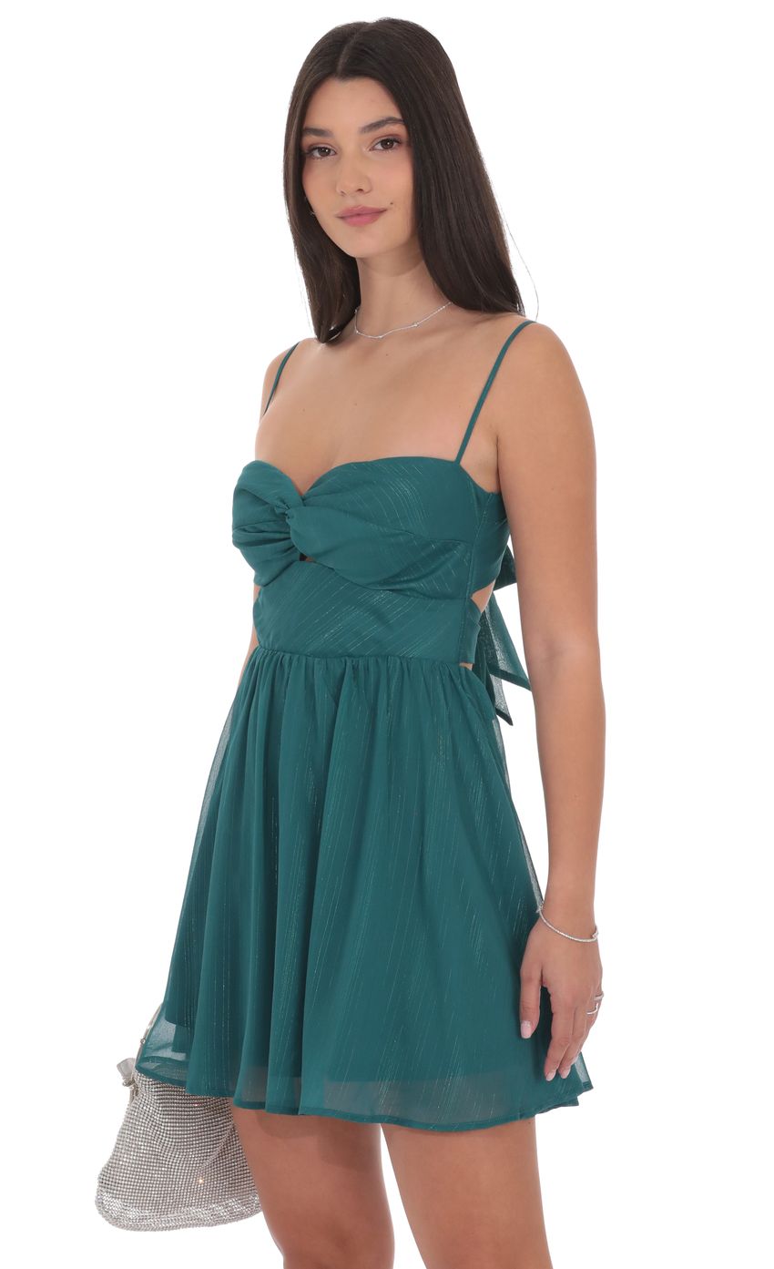 Shimmer Front Twist A line Dress in Teal