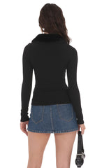 Fur Collar Zip Up Cardigan in Black