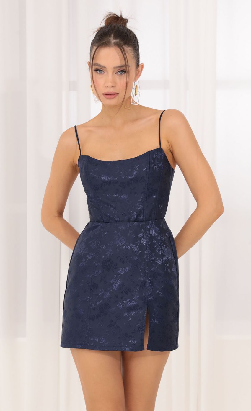 Floral Jacquard Corset Dress in Navy