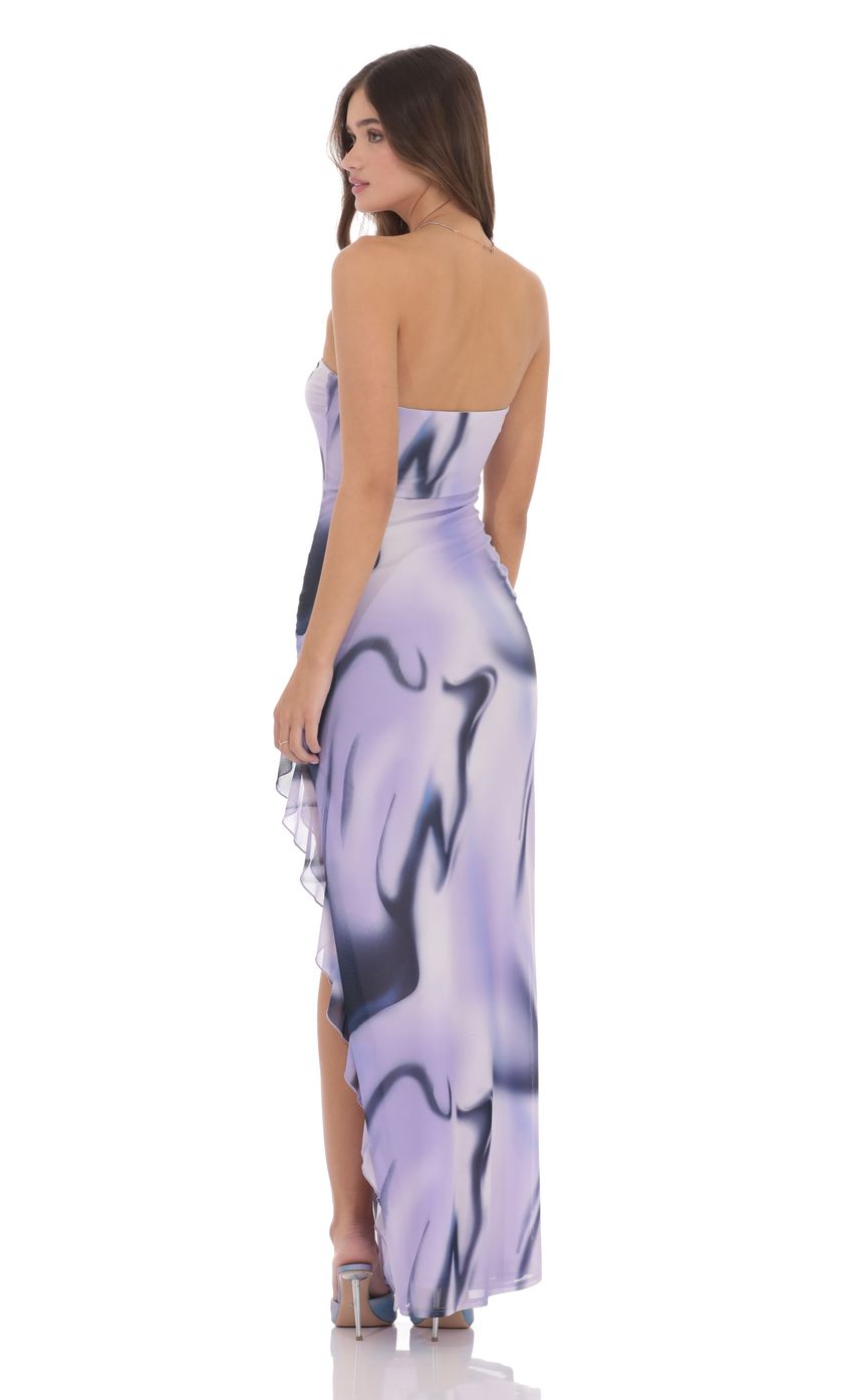 Swirl Mesh Strapless Ruffle Slit Dress in Purple