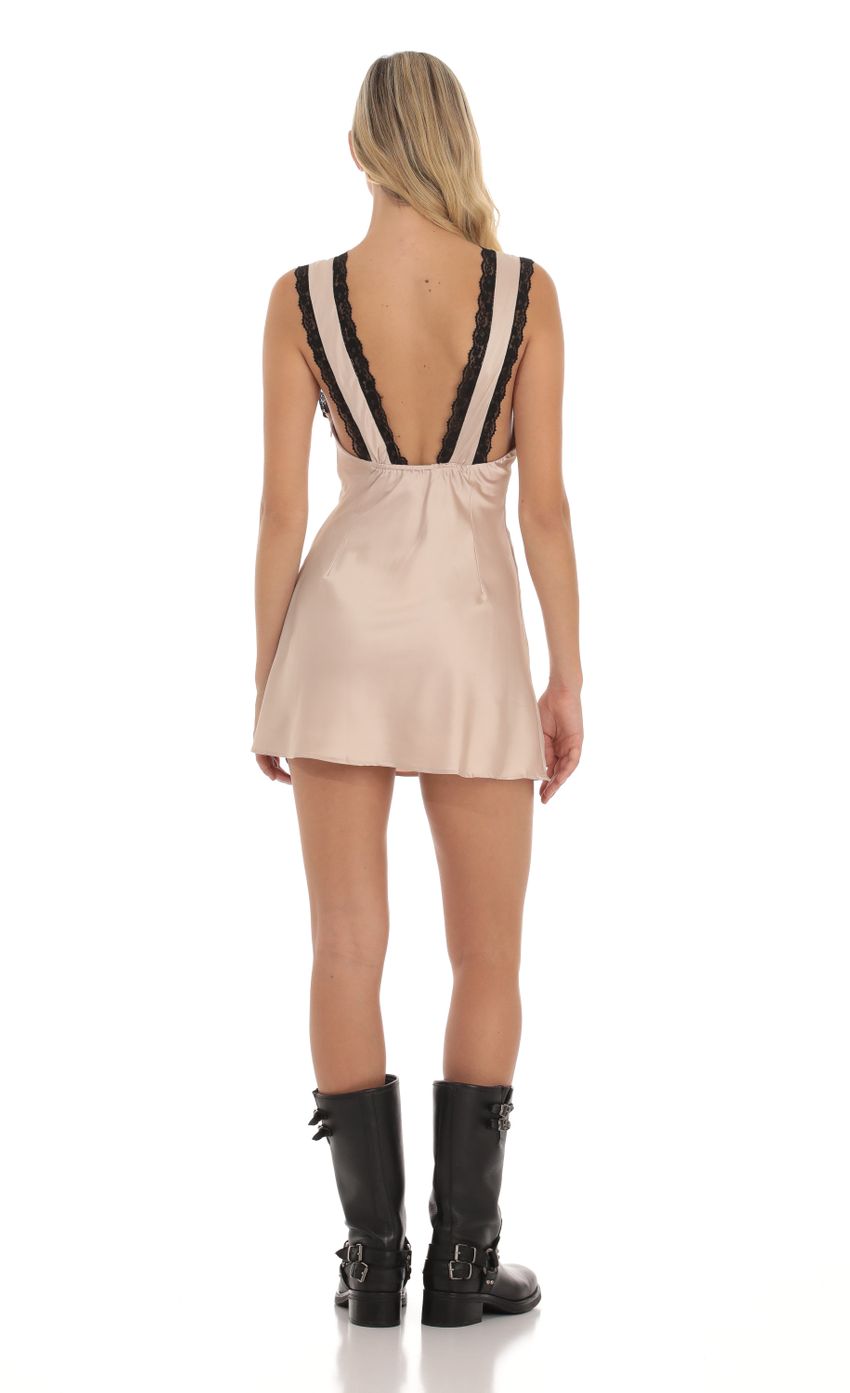 Lace Satin V Neck Dress in Camel