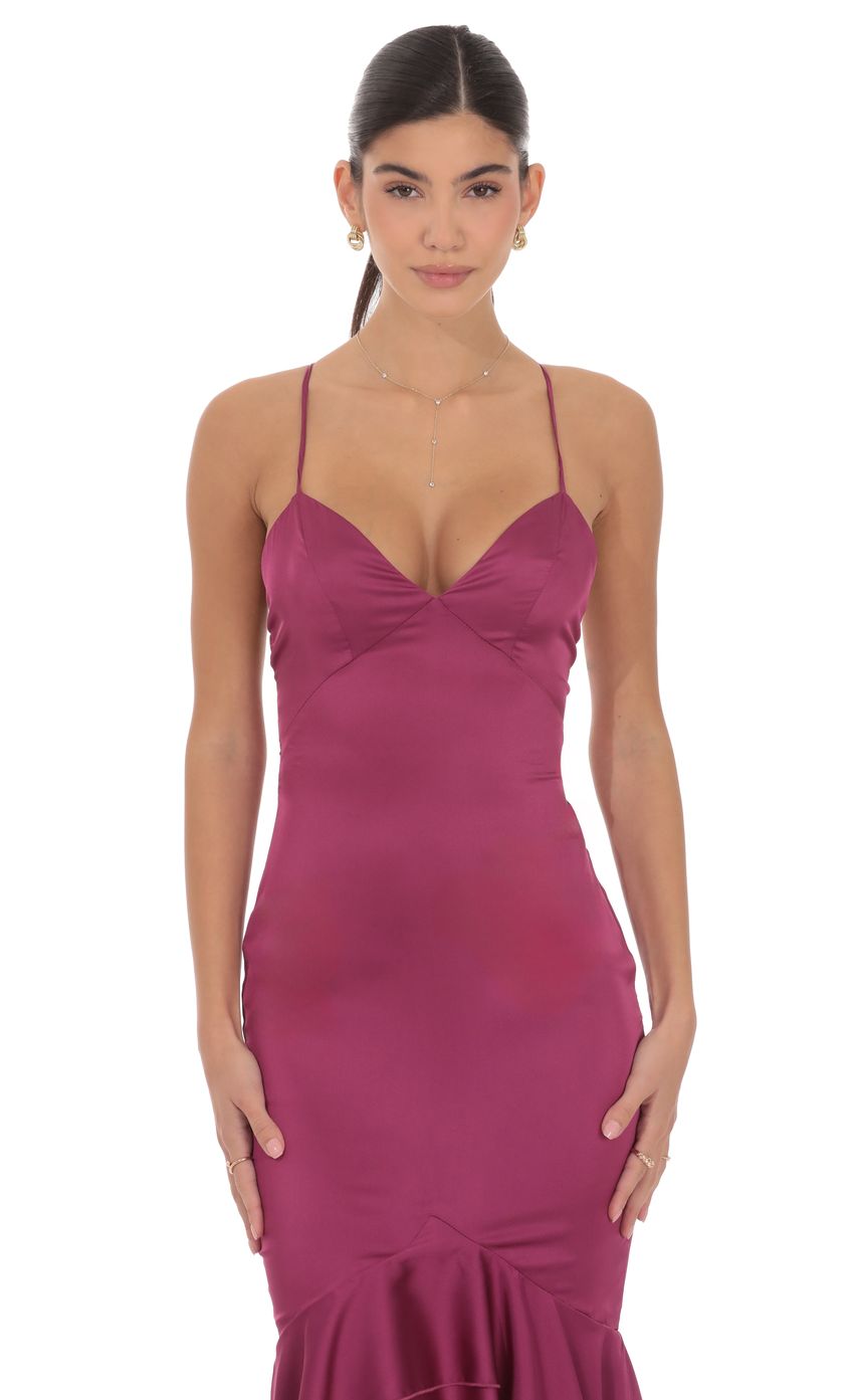 Satin Ruffle Fishtail Maxi Dress in Magenta
