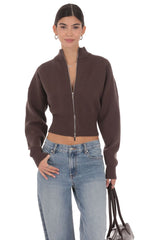 Knit Mock Neck Zip Up Cardigan in Brown
