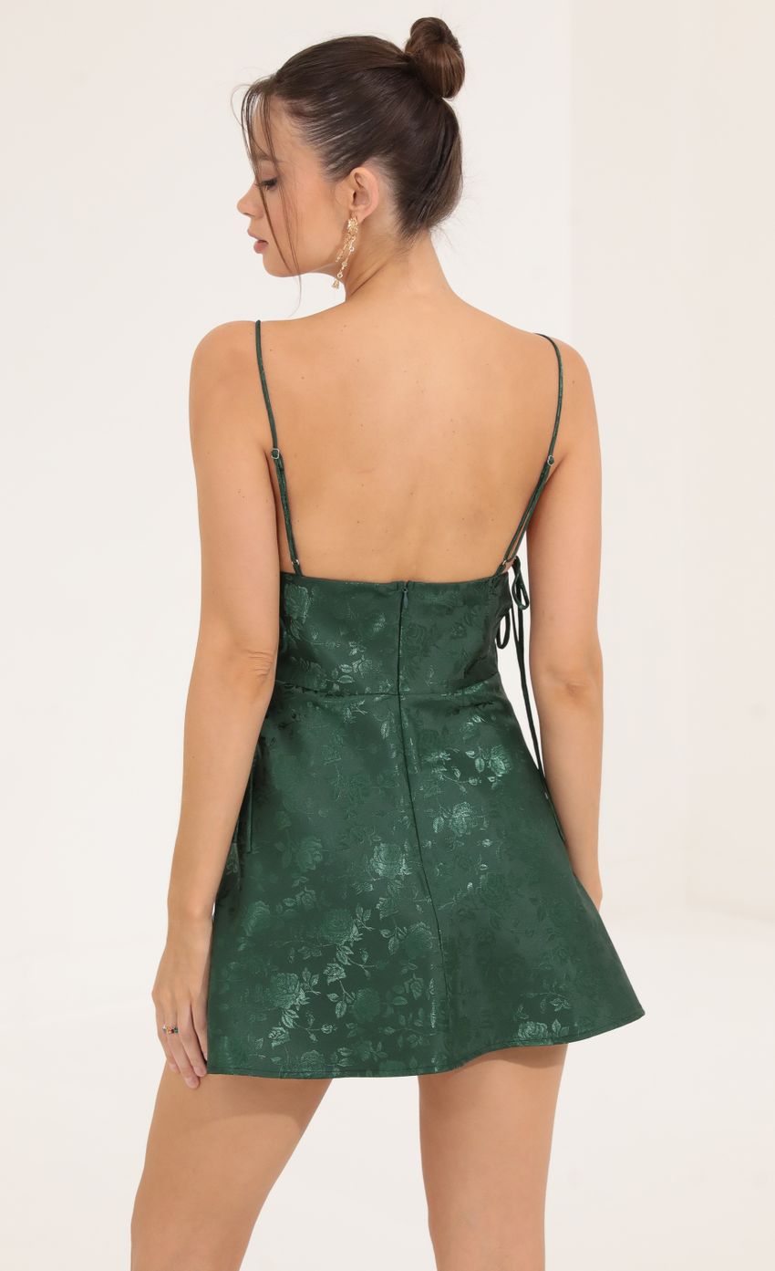 Floral Jacquard A Line Dress in Green