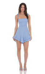 Floral Jacquard Ruffle A line Dress in Light Blue