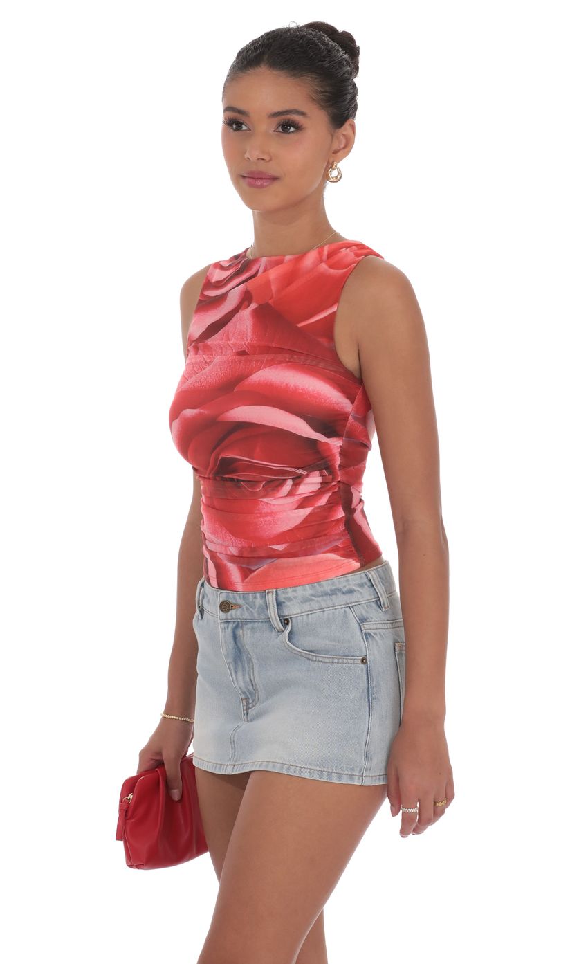 Mesh Rose High Neck Top in Red
