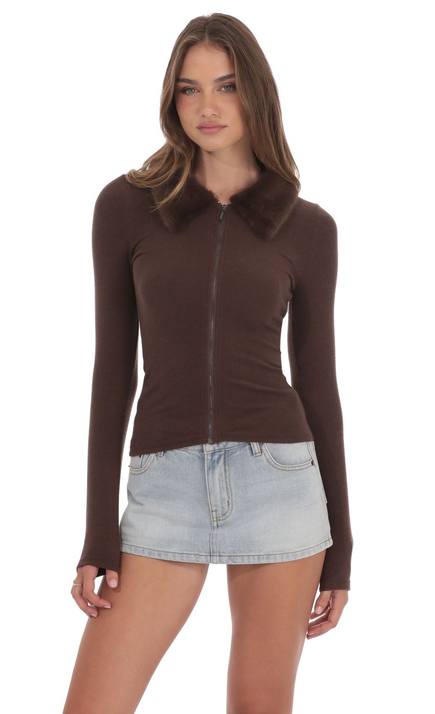 Fur Collar Zip Up Cardigan in Brown