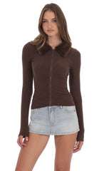 Fur Collar Zip Up Cardigan in Brown