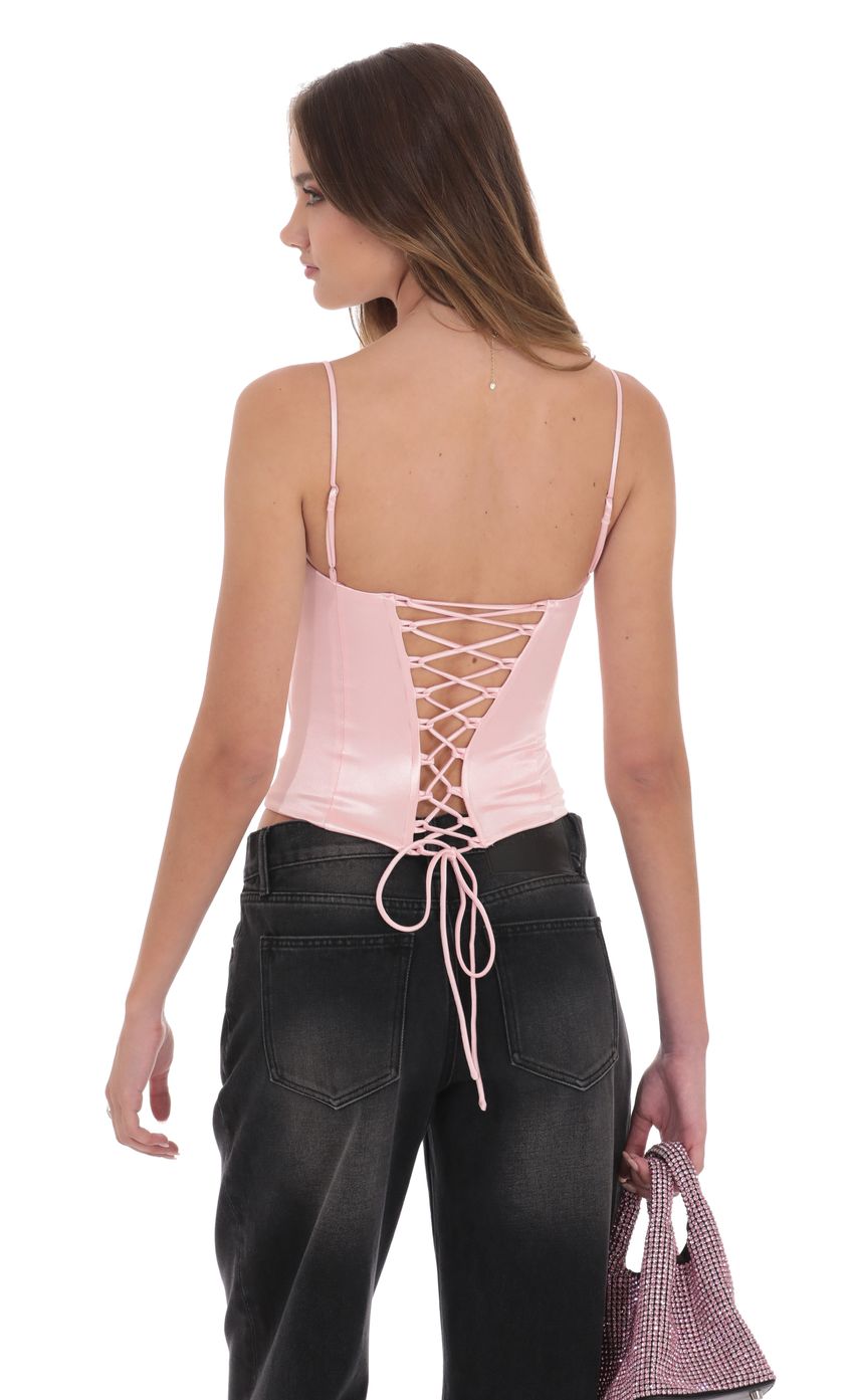 Satin Lace Up Top in Pink