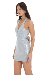 Sequin Twist V Neck Bodycon Dress in Sky Blue
