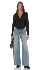 Ruched Button Up Shirt in Black