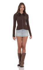 Fur Collar Zip Up Cardigan in Brown