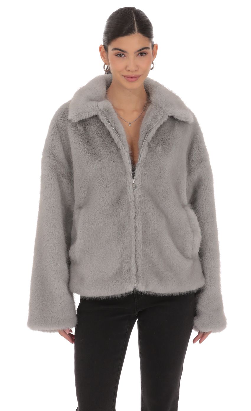 Zip Up Faux Fur Jacket in Grey
