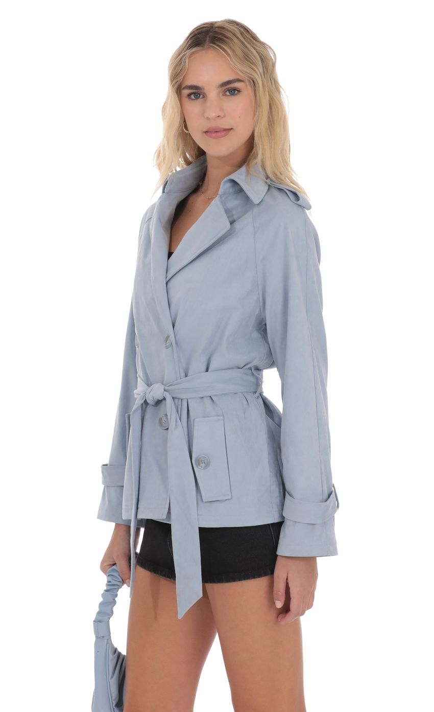 Suede Double Breasted Trench Coat in Sky Blue