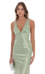 Satin V Neck Maxi Dress in Sage