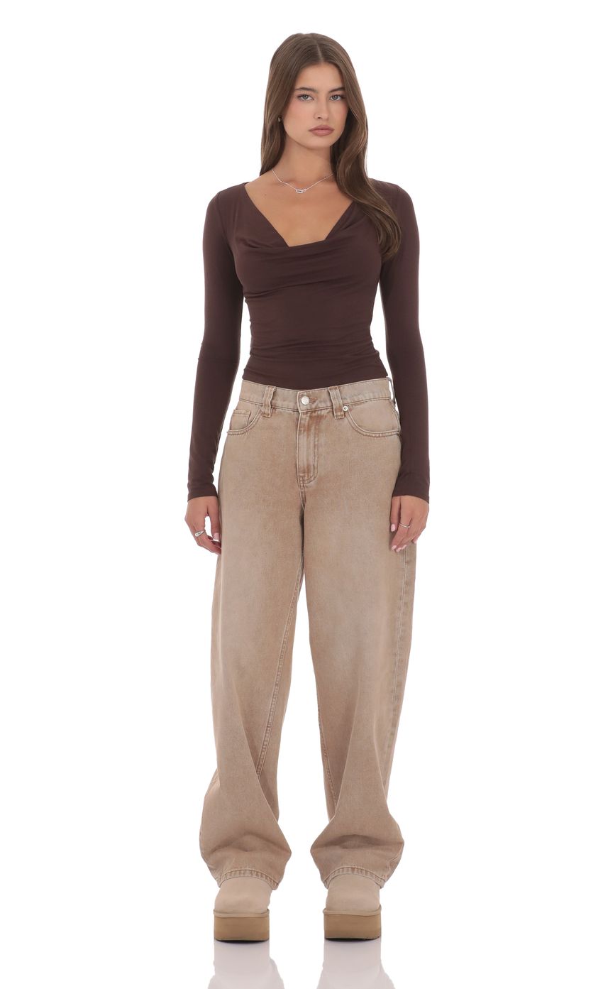 Cowl Neck Long Sleeve Top in Brown