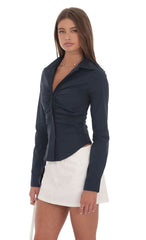 Ruched Button Up Shirt in Navy